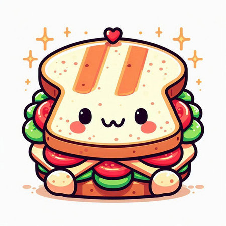 Cute happy sandwich character, vector cartoon illustration. Isolated on white background.のイラスト素材