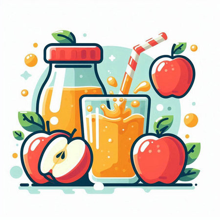Apple juice in a glass with a straw and apples. Vector illustration.のイラスト素材
