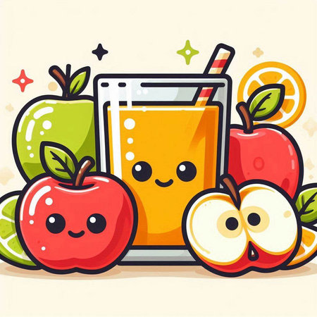 Smiling apple juice in a glass with fruits. Vector illustration.のイラスト素材