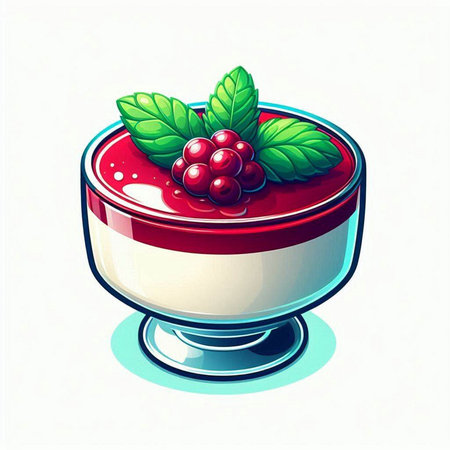 Vector illustration of a delicious dessert in a glass cup with berries.のイラスト素材