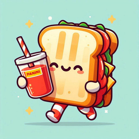 Cute Sandwich character with juice. Vector flat cartoon illustration icon designのイラスト素材