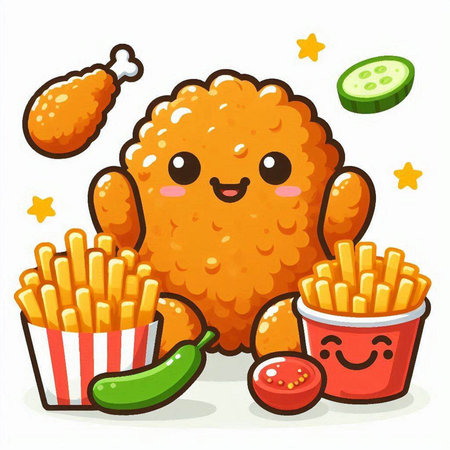 Cute kawaii fried chicken and french fries. Vector illustrationのイラスト素材
