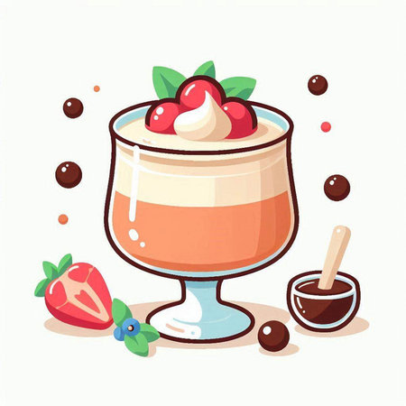 Creamy dessert in a glass with strawberries and mint. Vector illustration.のイラスト素材