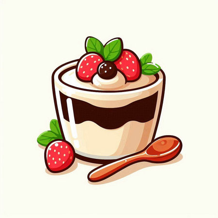 Chocolate pudding with strawberries and mint on a white background. Vector illustration.のイラスト素材