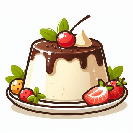 Illustration of a chocolate cake with strawberries and cherries on a white backgroundのイラスト素材