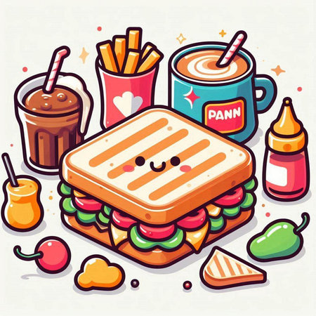 Vector illustration of cute cartoon fast food sandwich with french fries and cola.のイラスト素材