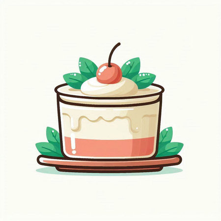 Cake with whipped cream and cherry on a plate. Vector illustration.のイラスト素材