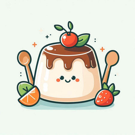 Cute cartoon panna cotta with fruits. Vector illustration.のイラスト素材