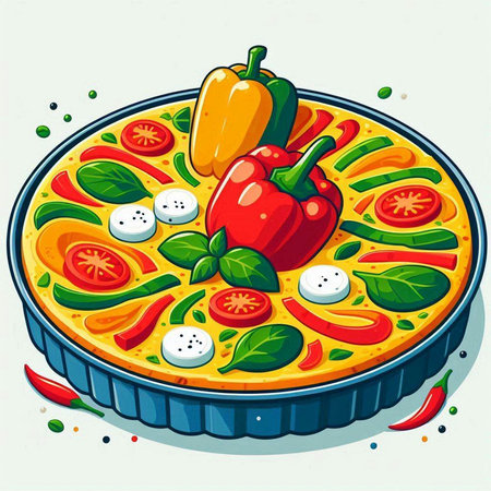 Illustration of a pizza with pepper, tomato and mozzarellaのイラスト素材