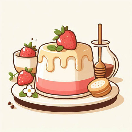 Strawberry cake with honey on a plate. Vector illustration.のイラスト素材
