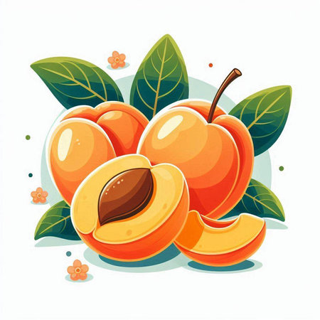 Apricot fruit with leaves on white background. Vector illustration.のイラスト素材