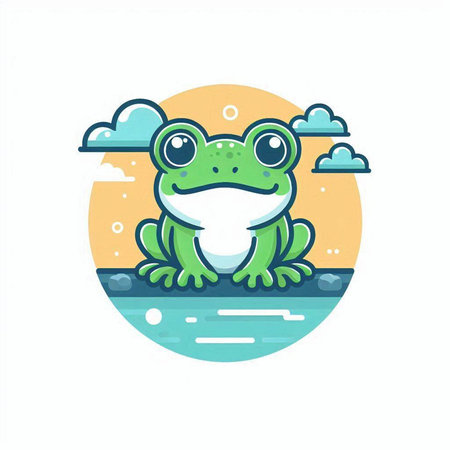 Cute cartoon frog on the seashore. Vector illustration.のイラスト素材