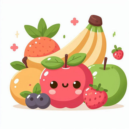 Funny fruits and berries. Vector illustration of a cute cartoon character.のイラスト素材
