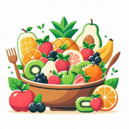 Fruit salad in a bowl. Vector illustration in cartoon style.のイラスト素材