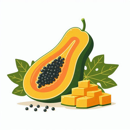 Papaya fruit on white background. Vector illustration in cartoon style.のイラスト素材