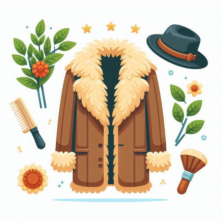 Vector illustration of a fur coat with a hat, a brush and a flower.のイラスト素材