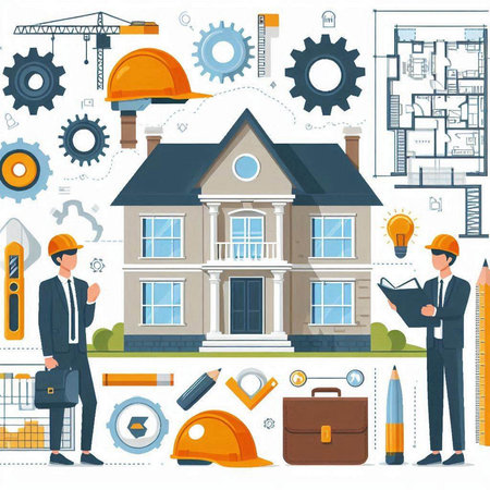 Architectural composition with house, construction tools and equipment on white background vector illustrationのイラスト素材