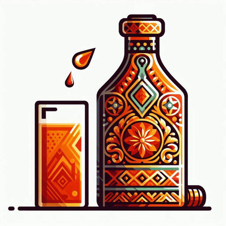 Alcoholic drink. Vector illustration of a bottle with a pattern and a glass with a drink.のイラスト素材