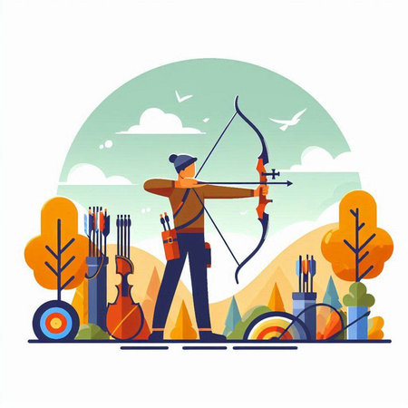 Archery sport flat vector illustration. Man with bow and arrow in forest. Archery, hobby concept for banner, website design or landing web pageのイラスト素材