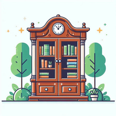 Wooden bookshelf with books and clock in the park. Vector illustration.のイラスト素材