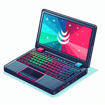 Laptop with colorful rays on a white background. Vector illustration.のイラスト素材