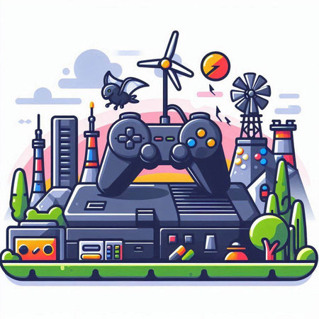 Gamepad in front of the industrial landscape. Vector illustration in cartoon style.のイラスト素材