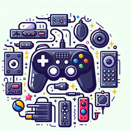 Gamepad, console and video game controller in circle. Vector illustrationのイラスト素材