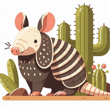 Cute cartoon armadillo with cactus. Vector illustration.のイラスト素材