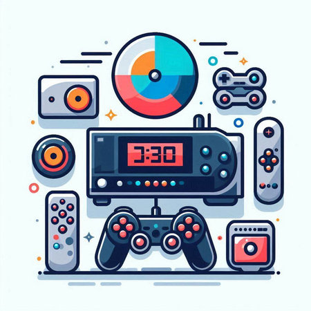Modern flat design vector illustration concept of video game console. Colorful line art on white background.のイラスト素材
