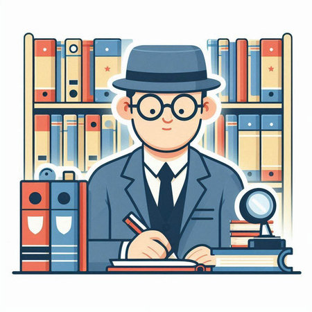 Vector illustration of a man in a suit and glasses writing in a book.のイラスト素材