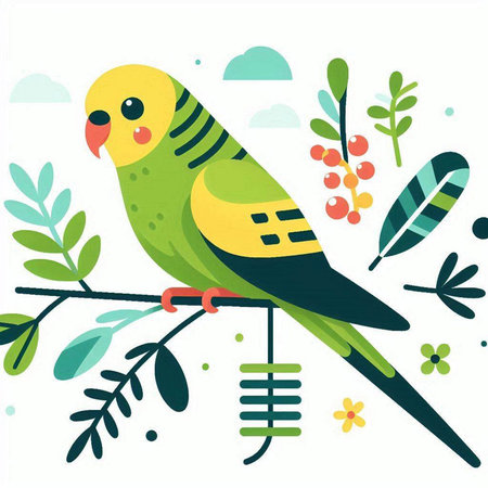 Green parrot sitting on a branch. Vector illustration in flat style.のイラスト素材