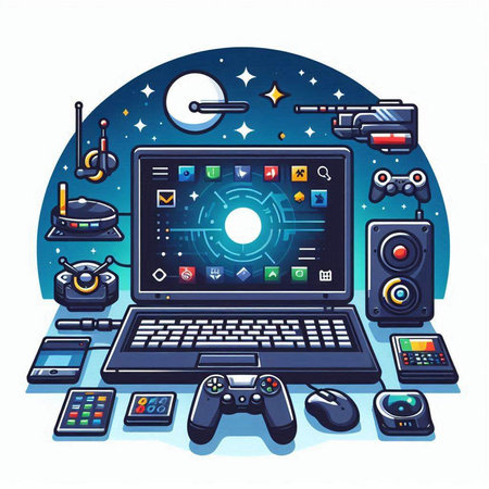 Video games and entertainment concept. Laptop with gamepad, game controller, joystick and headphones. Vector illustrationのイラスト素材