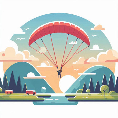 Parachutist flying over the lake. Vector illustration in flat styleのイラスト素材