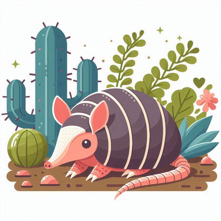 Armadillo in the desert with cacti. Vector illustrationのイラスト素材