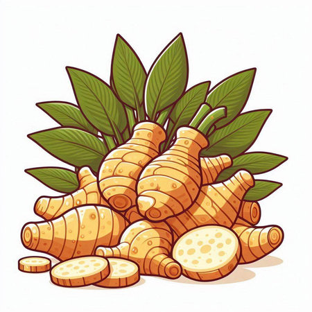 Ginger root with leaves. Vector illustration isolated on white background.のイラスト素材