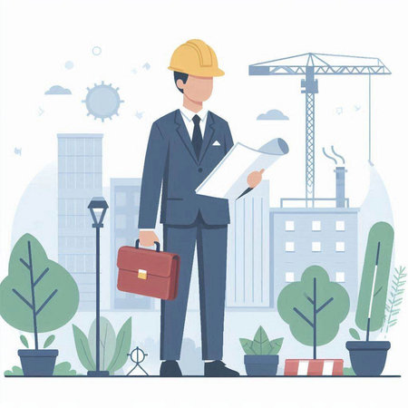 Architect standing on the construction site. Vector illustration in flat style.のイラスト素材