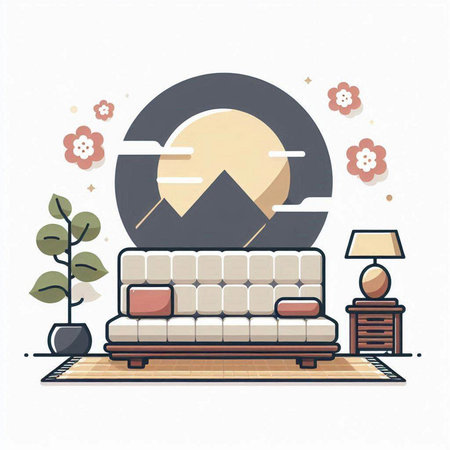 Modern flat design vector illustration of living room interior with furniture, sofa, coffee table, plant and sun.のイラスト素材
