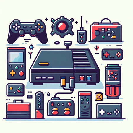 Retro video game equipment. Vector illustration in line art style.のイラスト素材