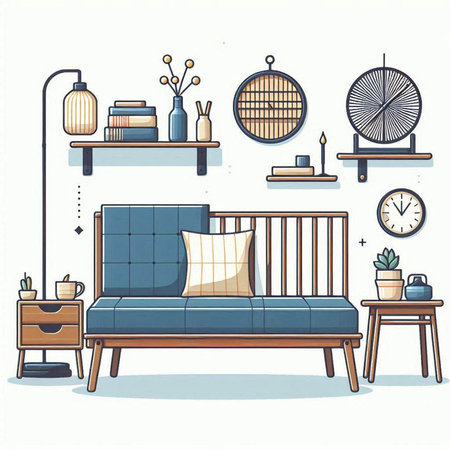 Living room interior with furniture, sofa, bookshelf, coffee table, lamp and clock. Vector illustration.のイラスト素材