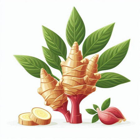 Ginger root with leaves and garlic. Vector illustration isolated on white background.のイラスト素材