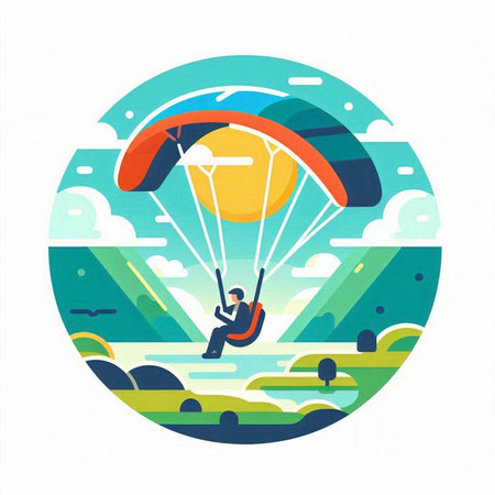 Paraglider flying in the sky flat vector illustration isolated on white background.のイラスト素材