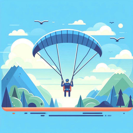 Paraglider flying in the sky. Paraglider on the background of mountains. Vector illustration.のイラスト素材