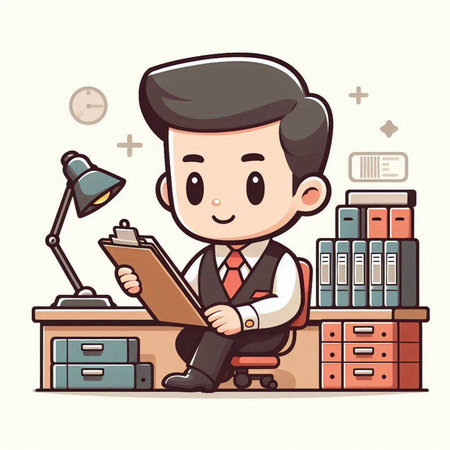 Businessman working in the office. Vector illustration in cartoon style.のイラスト素材