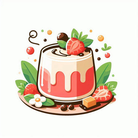 Chocolate pudding with strawberries, cherries and mint leaves. Vector illustration.のイラスト素材