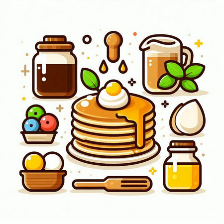 Pancakes with honey and ingredients for cooking. Vector illustration.のイラスト素材