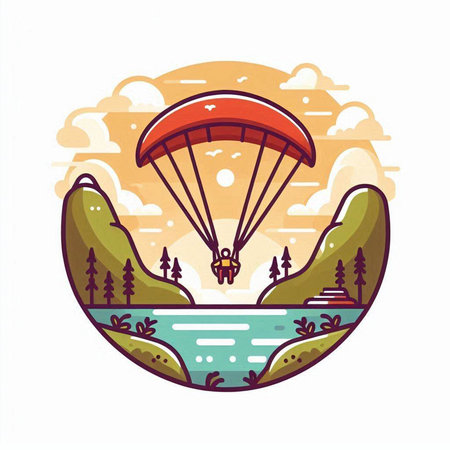 Parachutist flying over the lake. Vector illustration in flat styleのイラスト素材