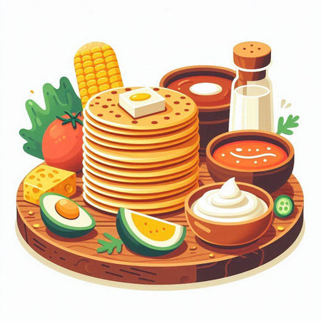 Illustration of a round wooden plate with pancakes, sauce and ingredientsのイラスト素材