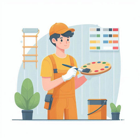 Painter at work. Vector illustration in a flat style on a white background.のイラスト素材