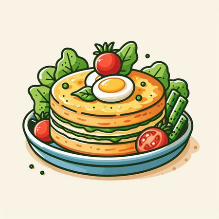 Illustration of a stack of pancakes with vegetables and egg on a plateのイラスト素材