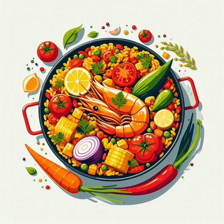 Seafood paella with shrimps and vegetables. Vector illustration.のイラスト素材